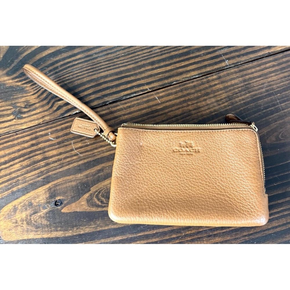 Coach Womens Light Saddle Pebbled Leather Double Corner Zip Wristlet Wallet